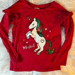 Boutique Magical Unicorn Holiday Theme Long Sleeve Shirt & Ruffle Size 4t Red